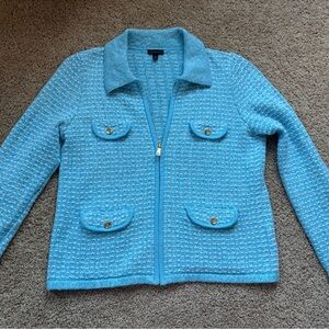 Talbots Womens Light Blue Aqua Metallic Tweed Zip Front Blazer Jacket Medium